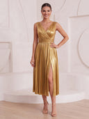 A Line Cocktail Dresses with Slit V Neck Metallic Satin Tea Length Party Dresses with Pleats/Back Zipper
