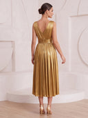A Line Cocktail Dresses with Slit V Neck Metallic Satin Tea Length Party Dresses with Pleats/Back Zipper