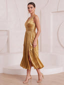 A Line Cocktail Dresses with Slit V Neck Metallic Satin Tea Length Party Dresses with Pleats/Back Zipper