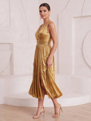 A Line Cocktail Dresses with Slit V Neck Metallic Satin Tea Length Party Dresses with Pleats/Back Zipper