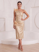Sheath/Column Cocktail Dresses with Feather Metallic Satin One Shoulder Sleeveless Tea Length Party Dresses with Pleats/Back Zipper