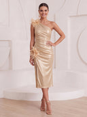 Sheath/Column Cocktail Dresses with Feather Metallic Satin One Shoulder Sleeveless Tea Length Party Dresses with Pleats/Back Zipper