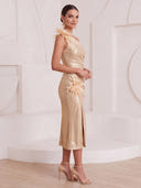 Sheath/Column Cocktail Dresses with Feather Metallic Satin One Shoulder Sleeveless Tea Length Party Dresses with Pleats/Back Zipper