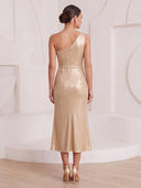 Sheath/Column Cocktail Dresses with Feather Metallic Satin One Shoulder Sleeveless Tea Length Party Dresses with Pleats/Back Zipper