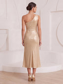 Sheath/Column Cocktail Dresses with Feather Metallic Satin One Shoulder Sleeveless Tea Length Party Dresses with Pleats/Back Zipper