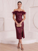 Mermaid Cocktail Dresses with Slit Off Shoulder Satin Tea Length Party Dresses with Feather/Back Zipper