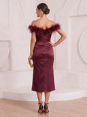 Mermaid Cocktail Dresses with Slit Off Shoulder Satin Tea Length Party Dresses with Feather/Back Zipper