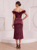 Mermaid Cocktail Dresses with Slit Off Shoulder Satin Tea Length Party Dresses with Feather/Back Zipper