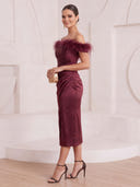 Mermaid Cocktail Dresses with Slit Off Shoulder Satin Tea Length Party Dresses with Feather/Back Zipper