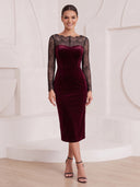 Mermaid Cocktail Dresses with Slit Crew Neck Velvet Tea Length New Year's Evn Party Dresses with Lace/Back Zipper