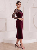 Mermaid Cocktail Dresses with Slit Crew Neck Velvet Tea Length New Year's Evn Party Dresses with Lace/Back Zipper