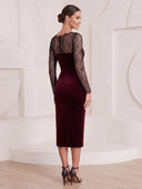Mermaid Cocktail Dresses with Slit Crew Neck Velvet Tea Length New Year's Evn Party Dresses with Lace/Back Zipper
