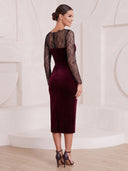 Mermaid Cocktail Dresses with Slit Crew Neck Velvet Tea Length New Year's Evn Party Dresses with Lace/Back Zipper