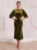 Mermaid Cocktail Dresses Crew Neck Velvet Tea Length 3/4 Sleeves New Year's Evn Party Dresses Back Zipper