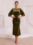 Mermaid Cocktail Dresses Crew Neck Velvet Tea Length 3/4 Sleeves New Year's Evn Party Dresses Back Zipper
