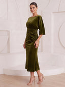 Mermaid Cocktail Dresses Crew Neck Velvet Tea Length 3/4 Sleeves New Year's Evn Party Dresses Back Zipper