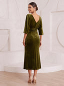 Mermaid Cocktail Dresses Crew Neck Velvet Tea Length 3/4 Sleeves New Year's Evn Party Dresses Back Zipper