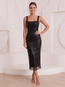 Mermaid Cocktail Dresses Square Neck Sequin Tea Length Sleeves Black Tie Dresses Back Zipper