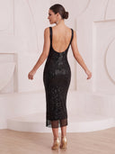 Mermaid Cocktail Dresses Square Neck Sequin Tea Length Sleeves Black Tie Dresses Back Zipper