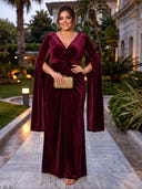 Plus Size Velvet Evening Dresses V Neck Mermaid Formal Dress Cape Sleeves Evening Gala