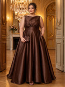 Plus Size Satin Brown Evening Dresses Crew Neck A Line Formal Dress Long Wedding Guest
