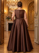 Plus Size Satin Brown Evening Dresses Crew Neck A Line Formal Dress Long Wedding Guest