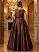 Plus Size Satin Brown Evening Dresses Crew Neck A Line Formal Dress Long Wedding Guest