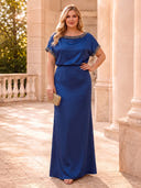 Plus Size Satin Royal Blue Evening Dresses Crew Neck Formal Dress Mermaid Long Dress