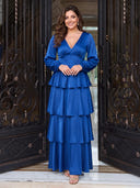 Plus Size Satin Royal Blue Evening Dresses V Neck Formal Dress Long Wedding Guest