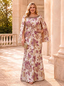 Plus Size Jacquard Evening Dresses Crew Neck Cape Sleeves Formal Dress Mermaid Long Dress