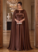 Plus Size Satin Brown Evening Dresses with Cape A Line Formal Dress Crew Neck Wedding Guest