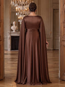 Plus Size Satin Brown Evening Dresses with Cape A Line Formal Dress Crew Neck Wedding Guest