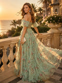 Chiffon Off the Shoulder A Line Long Evening Dresses with Slit