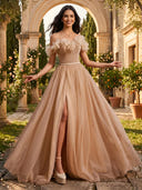 Tulle Off the Shoulder A Line Long Evening Dresses with Slit