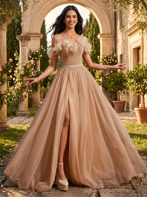 Tulle Off the Shoulder A Line Long Evening Dresses with Slit