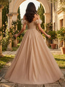 Tulle Off the Shoulder A Line Long Evening Dresses with Slit