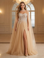 Tulle A Line Long Evening Dresses with Slit