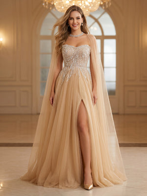Tulle A Line Long Evening Dresses with Slit