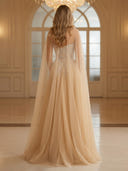 Tulle A Line Long Evening Dresses with Slit