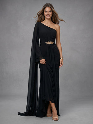 One Shoulder Mermaid Long Evening Dresses with Cape