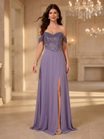Off Shoulder A Line Long Evening Dresses with Slit