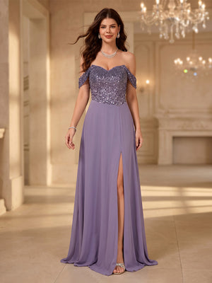 Off Shoulder A Line Long Evening Dresses with Slit