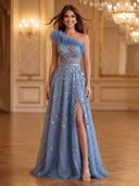 Tulle One Shoulder A Line Evening Dresses with Slit