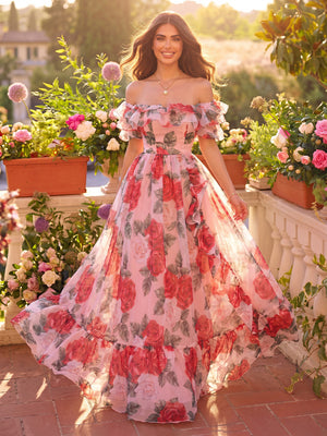 Off Shoulder A Line Evening Dresses with Flower