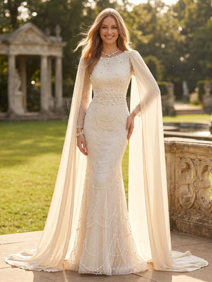Chiffon Mermaid Long Evening Dresses with Cape