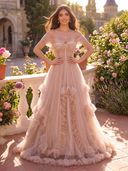 Tulle Off Shoulder A Line Long Evening Dresses with Pleated
