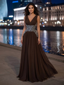 Chiffon V Neck A Line Long Evening Dresses with Rhinestone