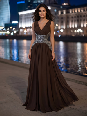 Chiffon V Neck A Line Long Evening Dresses with Rhinestone