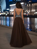 Chiffon V Neck A Line Long Evening Dresses with Rhinestone