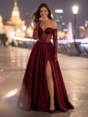 Satin A Line Long Evening Dresses with Slit